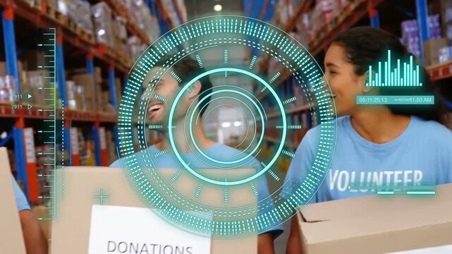 Volunteer team entering frame carrying donation boxes hub, HUD overlaying team, joining sorting