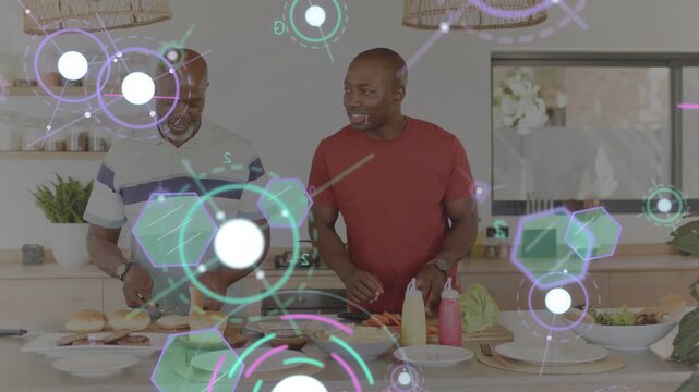 Father and son placing pan and ingredients, cooking meal at island, HUD drifting, obscuring hands