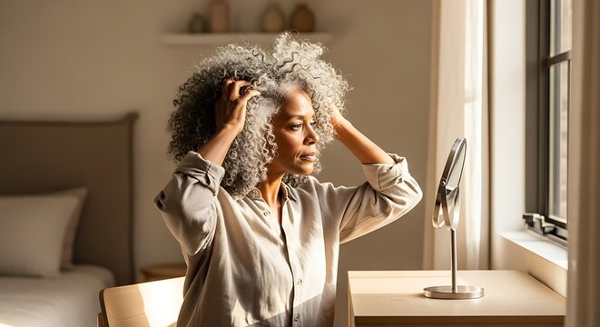 Serene Senior Black Woman Preparing Hair at Vanity Mirror