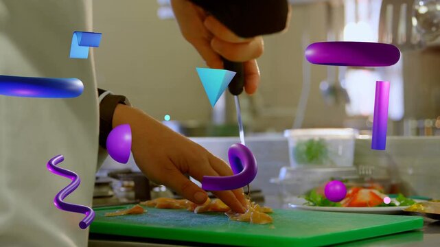 Blade drop causing hands steadying slicing chicken for salad on green board purple forms shifting