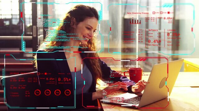 Vertical video: Woman typing on laptop by sunlight causing tech data checking stats sipping red mug