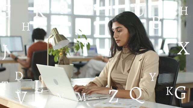 Woman starting to type on laptop, reviewing business charts, letters reacting, camera tightening