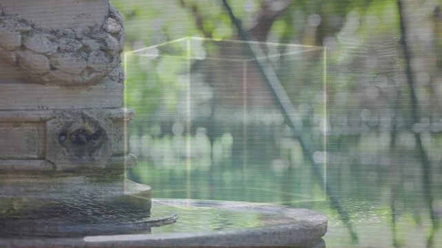 Fountain anchoring left, wire cube appearing above basin, woman walking through, AR showing design