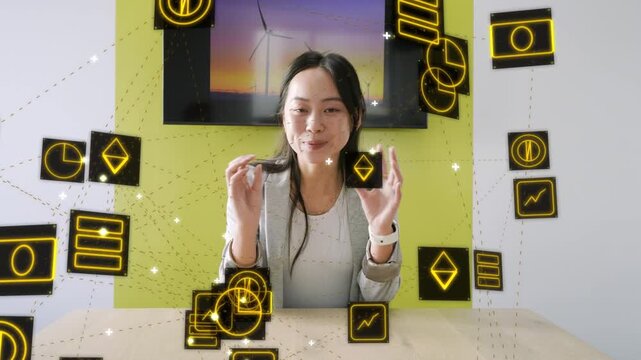 Chinese host starting with pinching, guiding floating yellow icons around turbine showing control