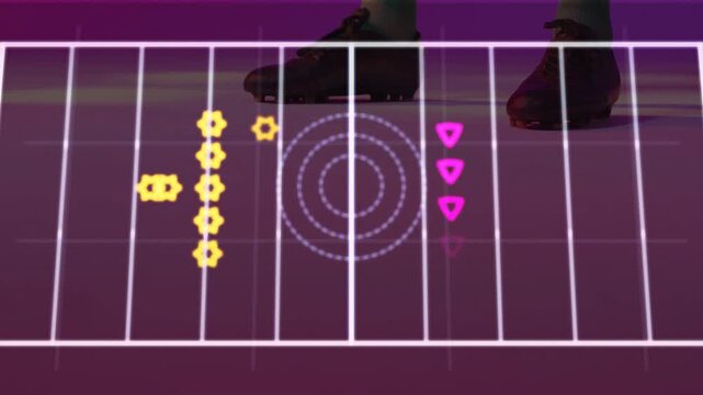 Skate boots stepping as grid appears, splitting into columns and spawning markers, showing rhythm
