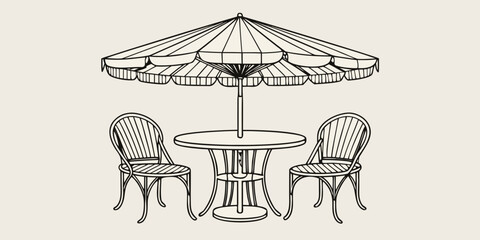 A vintage outdoor bistro set featuring a striped umbrella and chairs © Ajay
