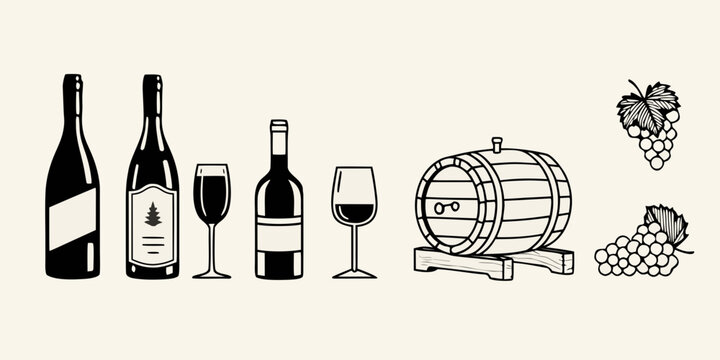 A collection of wine bottles glasses a barrel and grape bunches