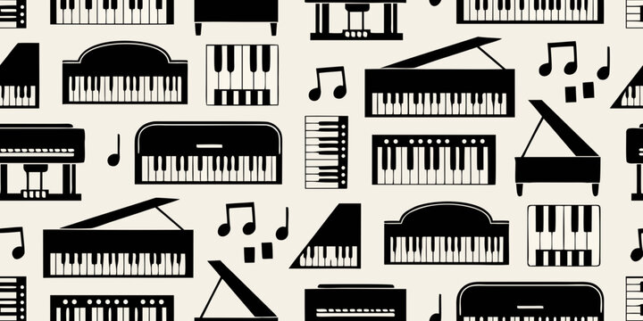 Seamless pattern featuring various black silhouettes of pianos and musical notes