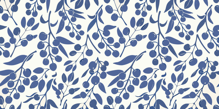 Blue and white olive branch pattern fills the entire frame