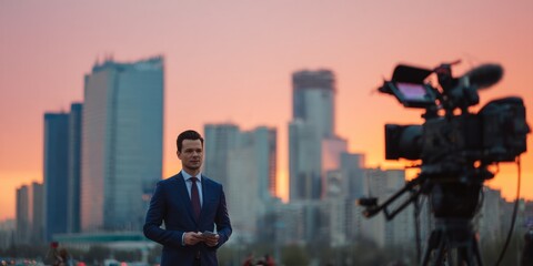 Fototapeta premium Male reporter delivering live news with city skyline backdrop
