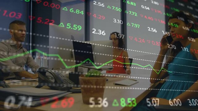 Team of three monitoring live market feed, tickers and graph overlaying table for trading decisions