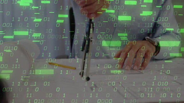 Pencil starting man's hands aligning plan using compass drawing green overlay growing checking plan