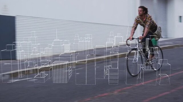 Bicyclist appearing atop hill and riding downhill, heading with AR grid passing around rider