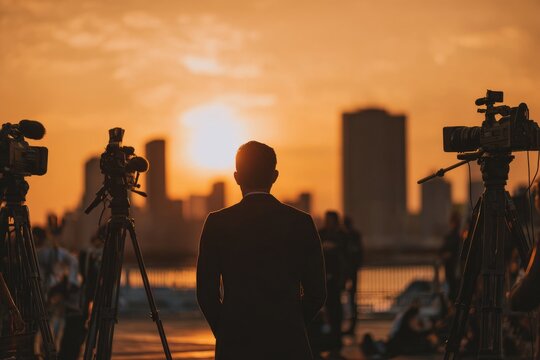Journalist silhouette reporting live at sunset with cameras
