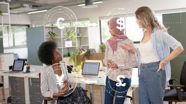 Seated woman speaking, causing 2 peers gesturing, AR currency overlays showing FX rates in finance