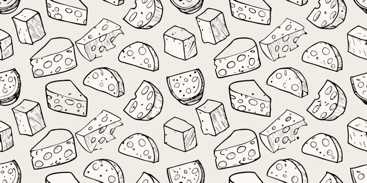 A seamless pattern of various cheese pieces in a hand drawn style