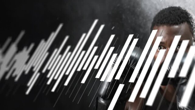 Male boxer throwing quick guarded jabs in boxing studio waveform sweeping foreground syncing rhythm