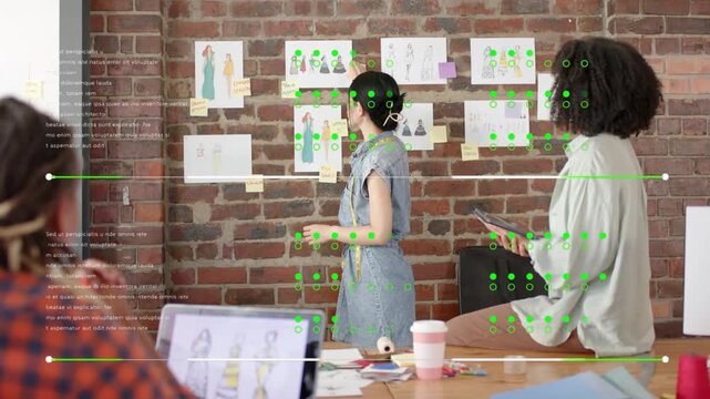 Designer examining sketches, turning and presenting fashion choices, green overlay annotating board
