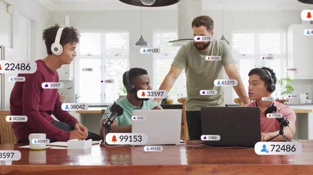 Team of four at laptops and mics, getting live buzz sparking notifs around team, refocusing show
