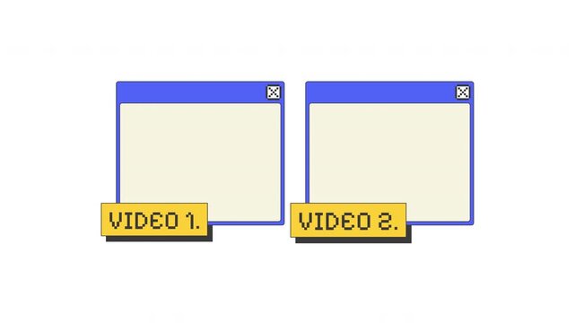 Videos blank two pixel art pop-up windows UI overlay animation. Empty 2 dialog boxes. Multimedia content display. Media screens compare. Blocky interface element motion. Retro 8bit UX design 4K video