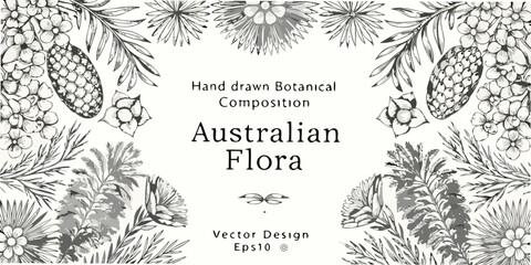 Detailed botanical illustration featuring australian flora in monochrome style © Ajay
