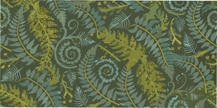 A dense pattern of stylized ferns and swirling botanical elements