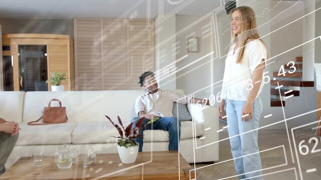 Standing woman starting sharing while man listening in lounge tech overlay drifting obscuring them
