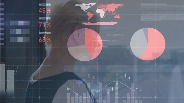 Business exec at window, monitoring incoming data feed animating across glass, charts, map, red %