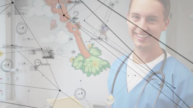Reading yellow clipboard, Dr turning to camera and smiling, preparing peds exam with HUD overlay