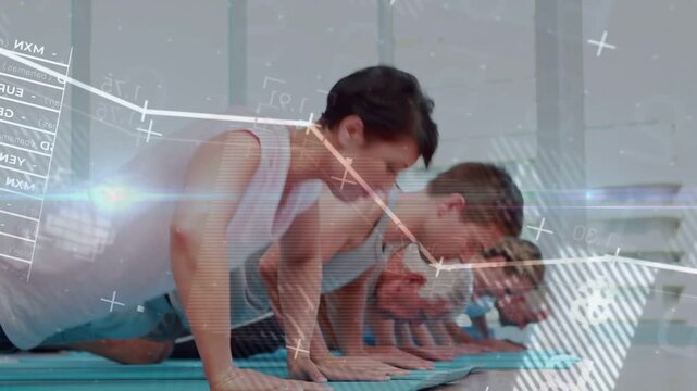 Lowering at coach-signal six doing kneeling pushups in studio on blue mats in gear, with overlays