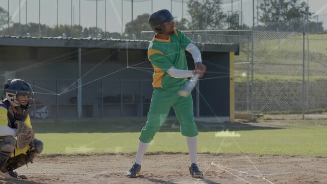 Right-handed batter timing swing as pitch arriving, running to first while HUD showing sports data