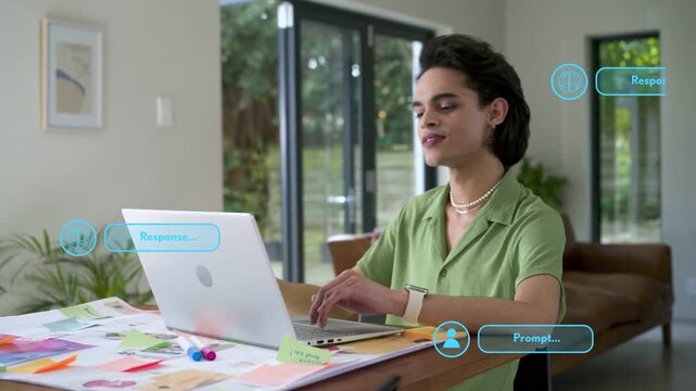 Man typing at workspace responding to floating blue prompt bubbles around laptop for creative tech