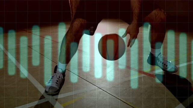 Basketball player starting dribble, shifting feet, crossovers for control turquoise grid tracking