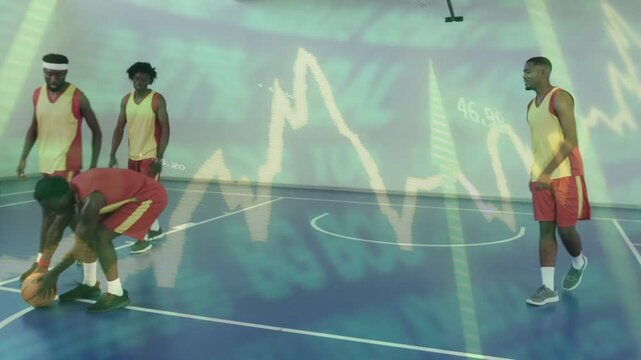 Team of four huddling picking ball passing shooting in basketball practice green chart over court