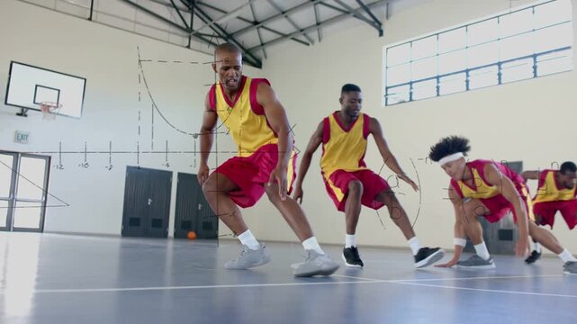 Sports team training on court, jogging in, tightening, bursting sprints with equations tracing feet