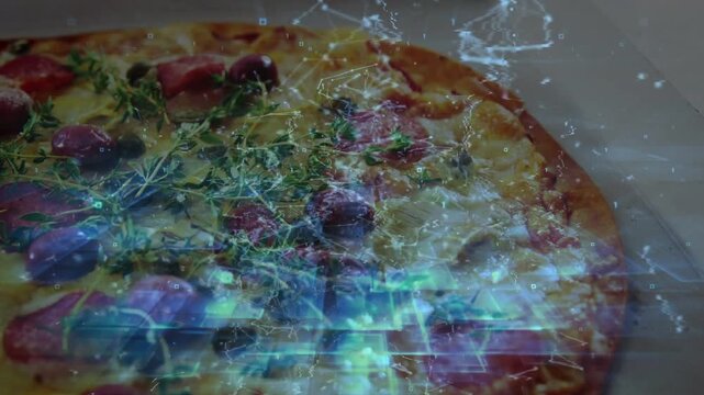 Round pizza lying on tray overlay appearing drifting camera moving in showing toppings for food ads