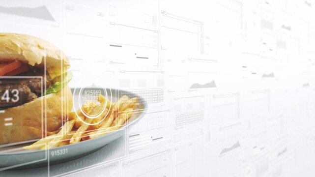 Plated burger sliding in from left, HUD graphics animating over burger and fries for food ads