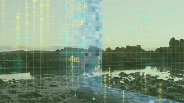 Rocky shoreline, sequence advancing, blue pixel column emerging, binary streaming, creating overlay