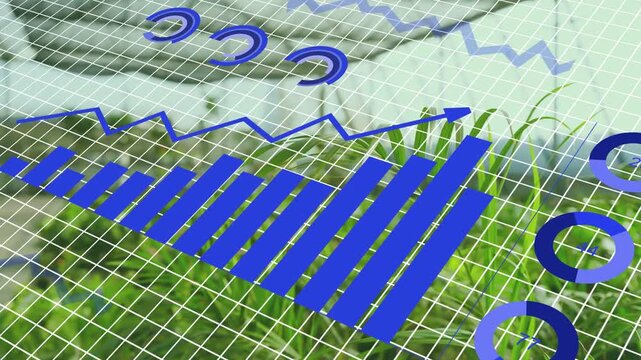Dataviz animating over greenhouse plants on sensor update, bars rising, line trending for agritech