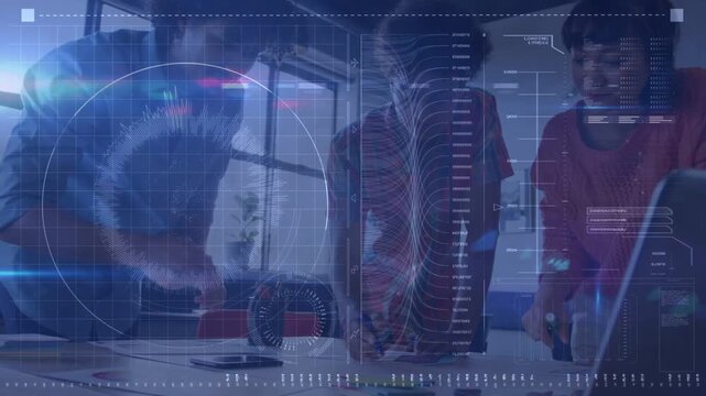 Vertical video: Meeting starting team examining coil part on table, patterned top aligning sketches