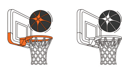 Set of Basketball Hoop and Ball Vector Illustrations, Sports Goal Backboard with Net and Rim for Competition, Exercise and Training Graphic Design Icons © SHOHAG