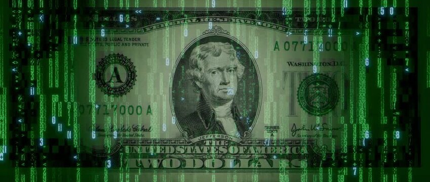 Digital Currency Concept with Two Dollar Bill made up of Animated Numbers and Symbols. Modern Finance Wallpaper.