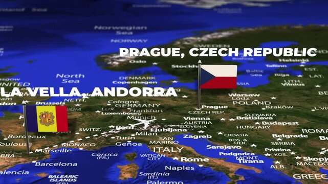 Flight From Andorra la Vella ANDORRA Prague CZECH REPUBLIC with flag pins