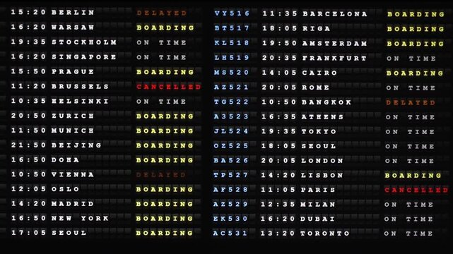 Airport flight information board with departures timetable.
