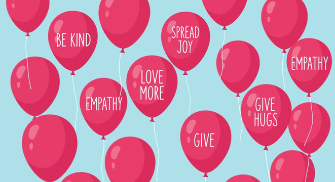 Red Balloons with Uplifting Messages Floating in the Air.