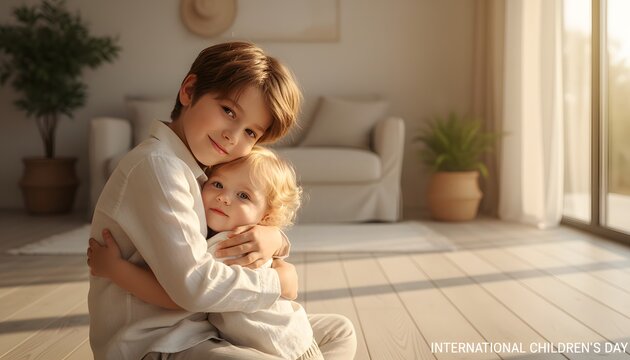 A young boy protecting a smaller child in a sunlit living room for International Children's Day concept, representing sibling love, care, and childhood innocence