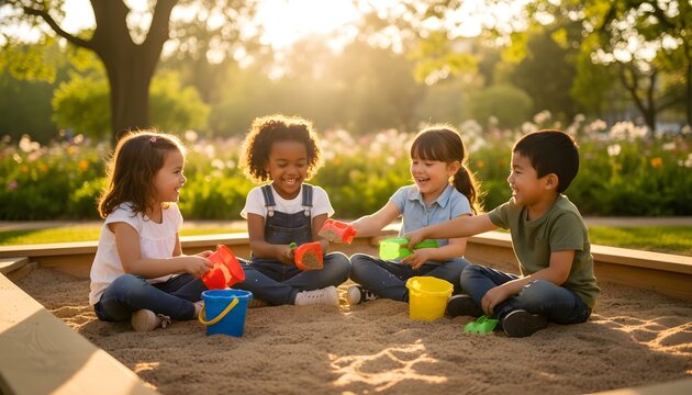 Diverse group of children sharing toys in a sandbox while playing together in a sunny park for international children's day concept and childhood friendship theme