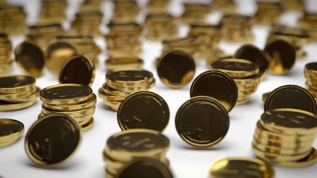 Polished golden tokens meticulously form expanding stacks on a pristine matte white surface, captured with an elevated overhead video and elegant macro close-ups, bathed in clean studio light.