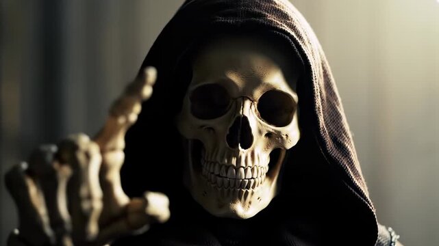 Grim Reaper Skeleton Wearing a Dark Hooded Cloak Pointing Forward
