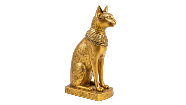 Golden cat statue of ancient Egypt with detailed design isolated on transparent background
